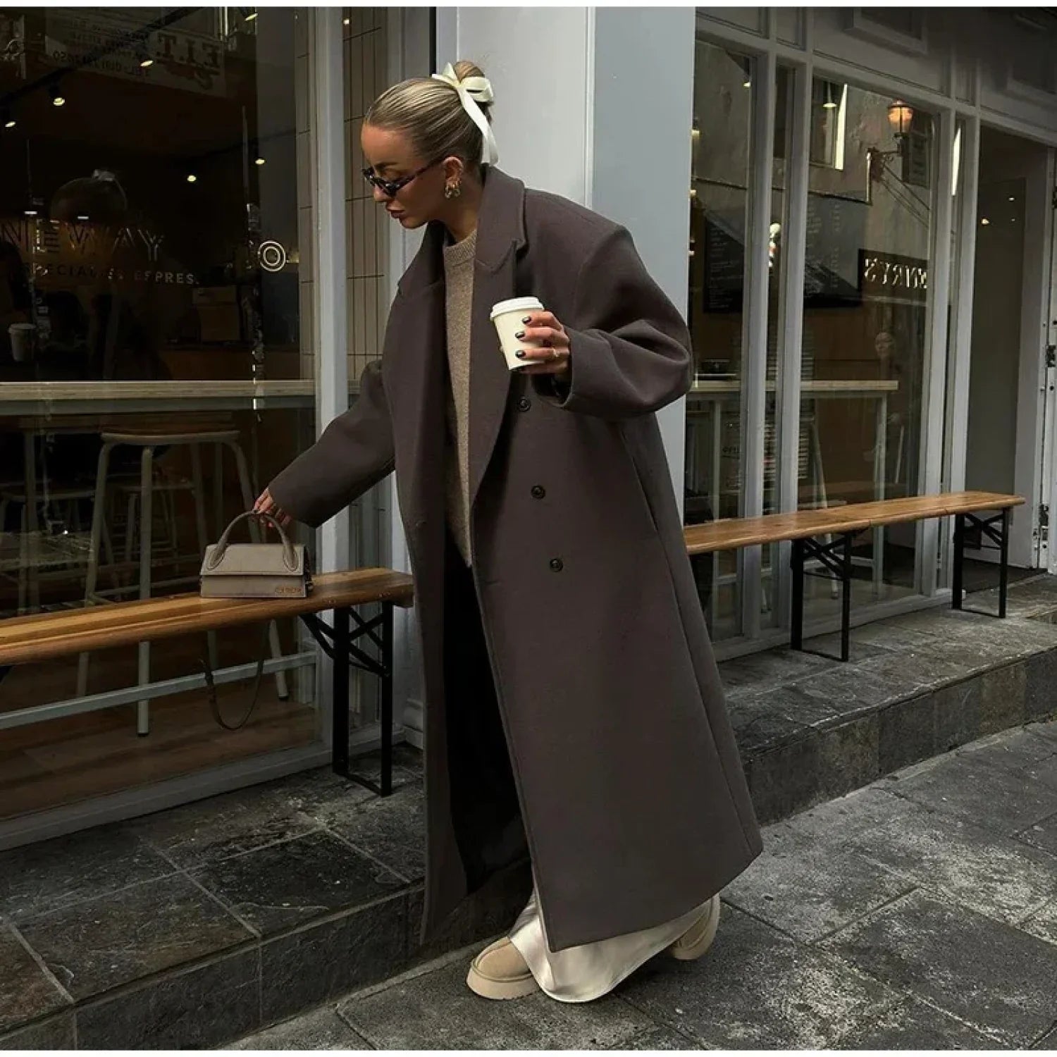 Elegant Women’s Woolen Overcoat Double Breasted Overcoats C long overcoat / S