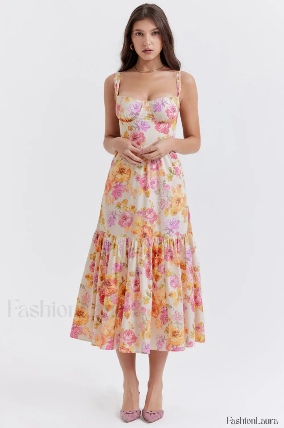 Elia Floral Stylish Midi Sundress S / Ivory