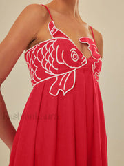 Embroidered Fish Semi Sheer Cami Dress Dresses