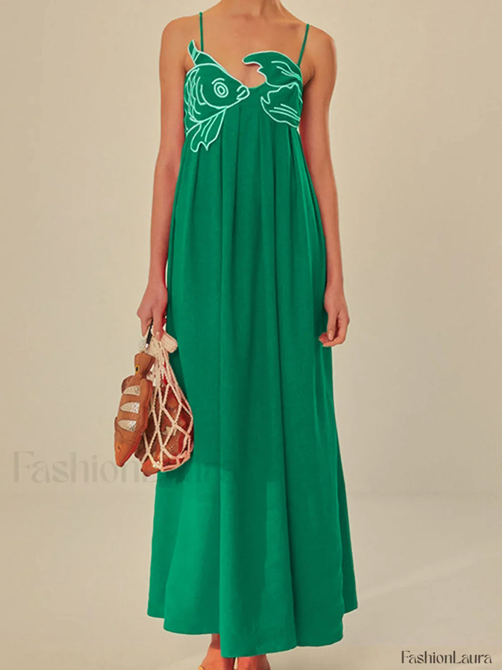 Embroidered Fish Semi Sheer Cami Dress Green / XS Dresses