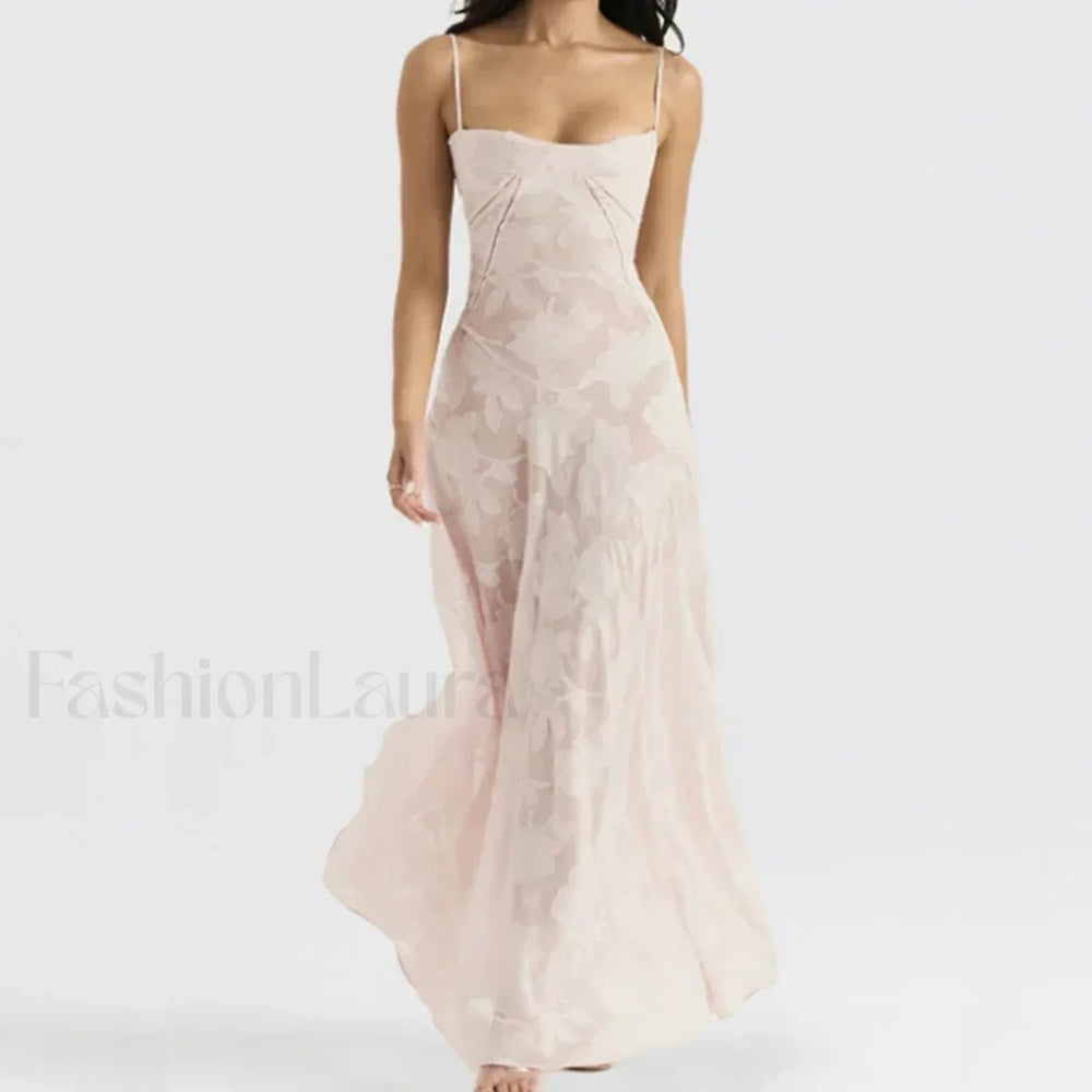 Embroidered Lace Off Shoulder Maxi Dress 01 Pink / XS