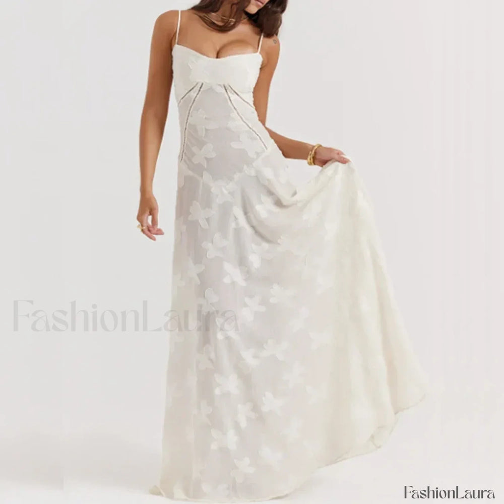 Embroidered Lace Off Shoulder Maxi Dress 02 White / XS