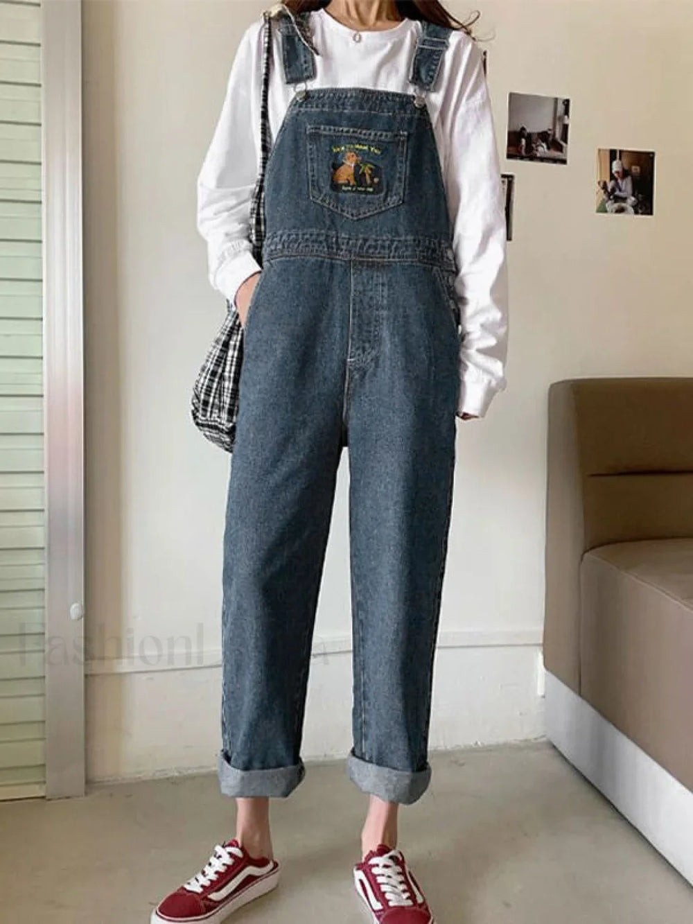 Embroidered Pocket Denim Overall Jeans Overall