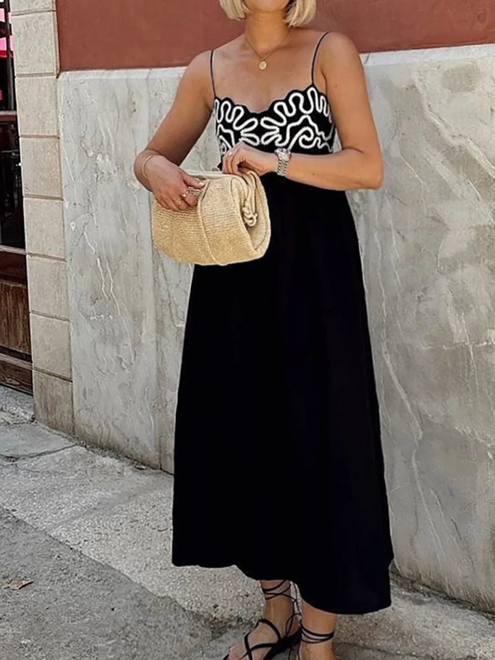 Embroidered Shirred Spaghetti Strap Long Dress Dresses