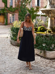 Embroidered Shirred Spaghetti Strap Long Dress Dresses
