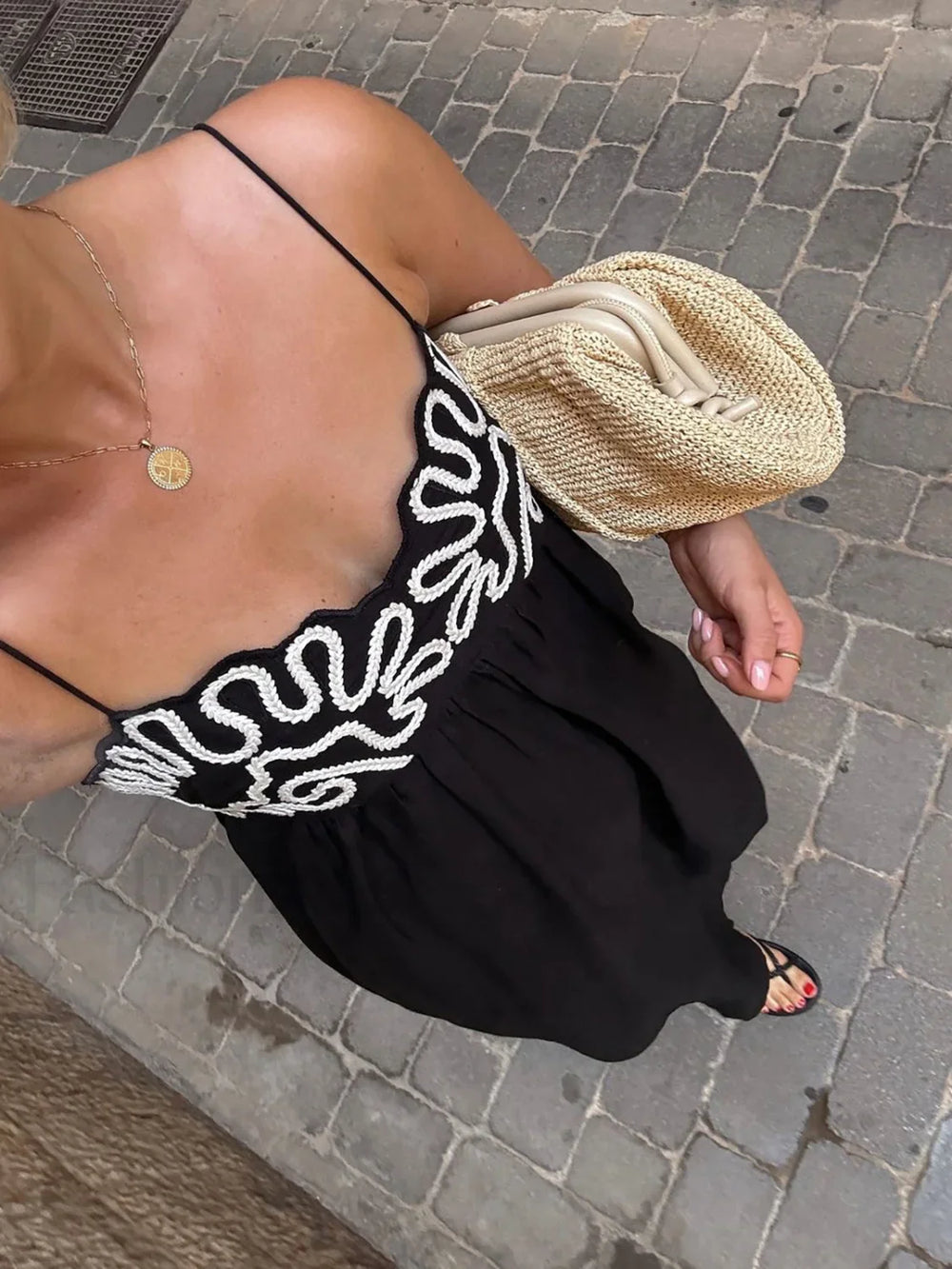 Embroidered Shirred Spaghetti Strap Long Dress Dresses