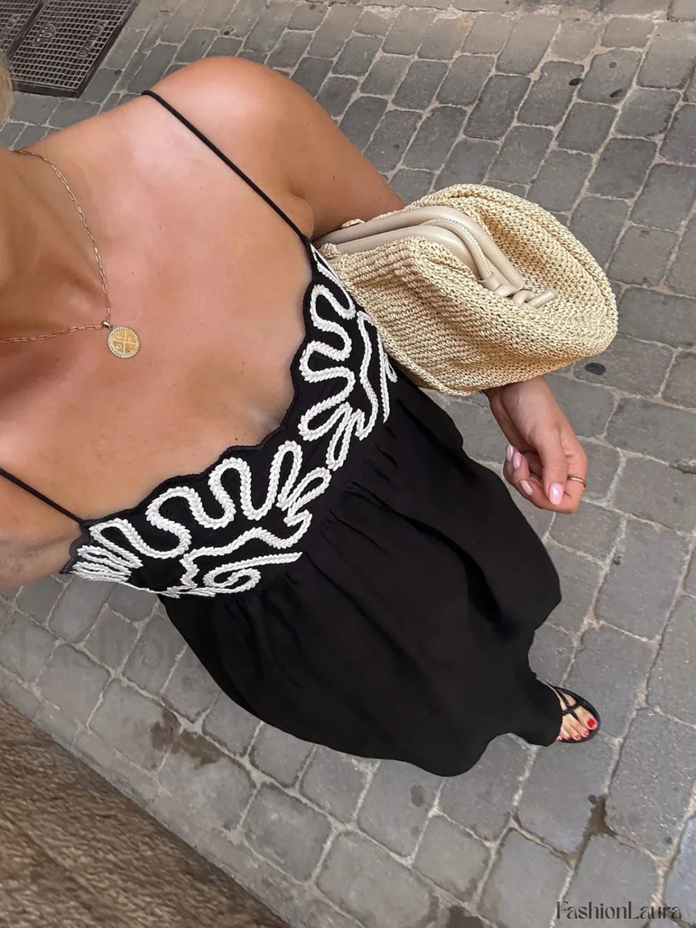 Embroidered Shirred Spaghetti Strap Long Dress Dresses