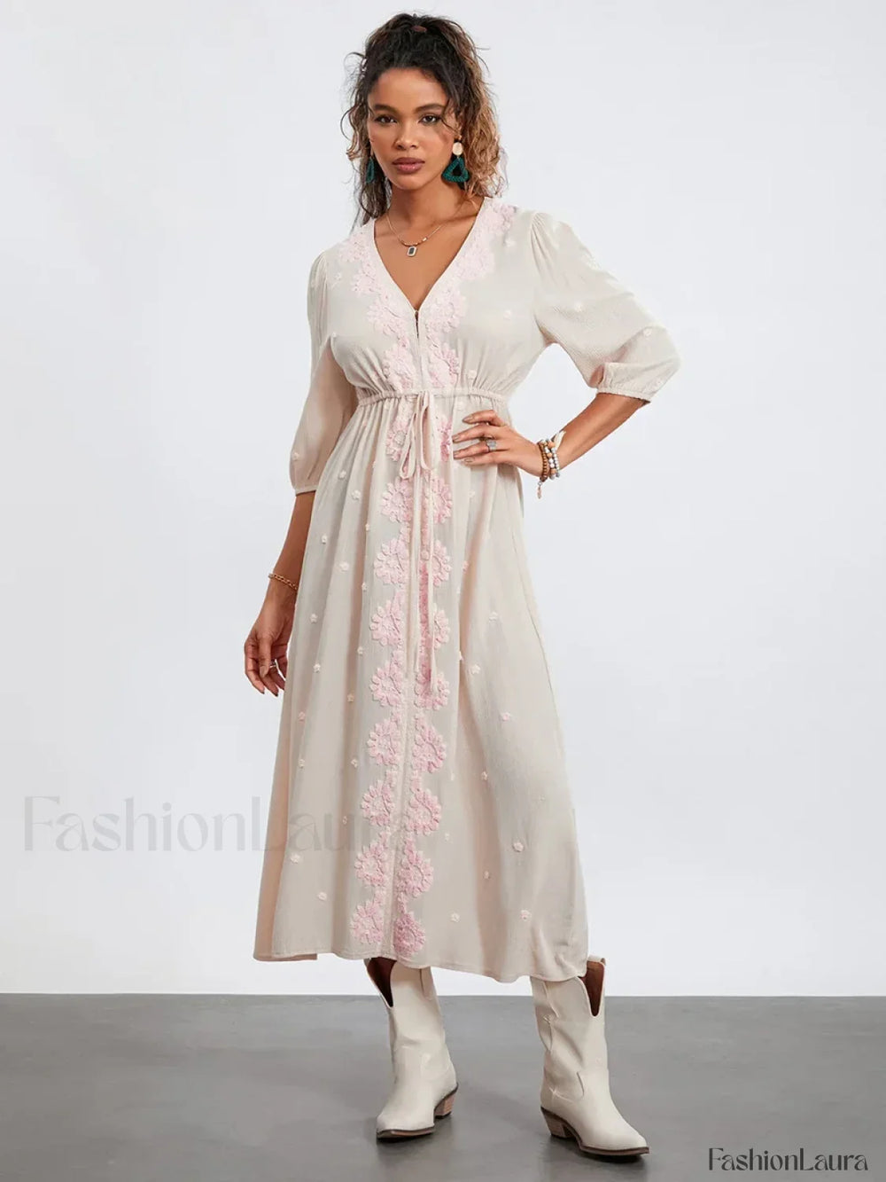 Embroidered Tie Waist Boho Dress APRICOT / S