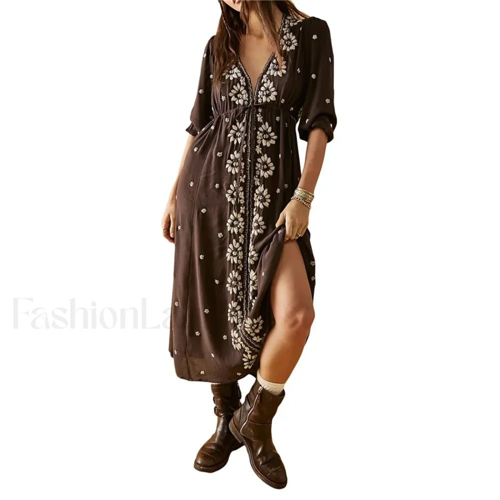 Embroidered Tie Waist Boho Dress Brown / S