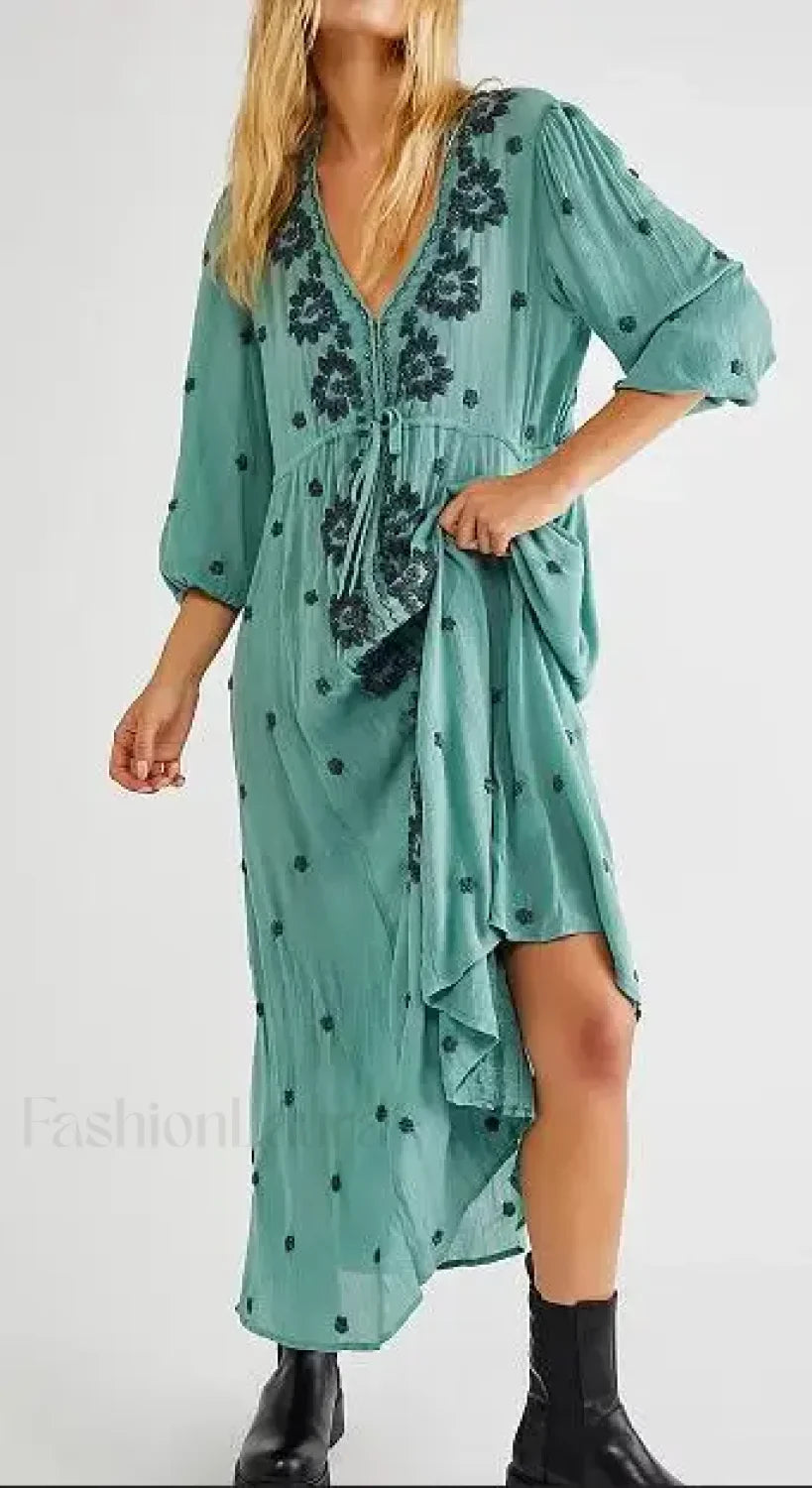 Embroidered Tie Waist Boho Dress Green / S
