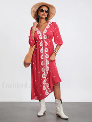 Embroidered Tie Waist Boho Dress Rose Red / S