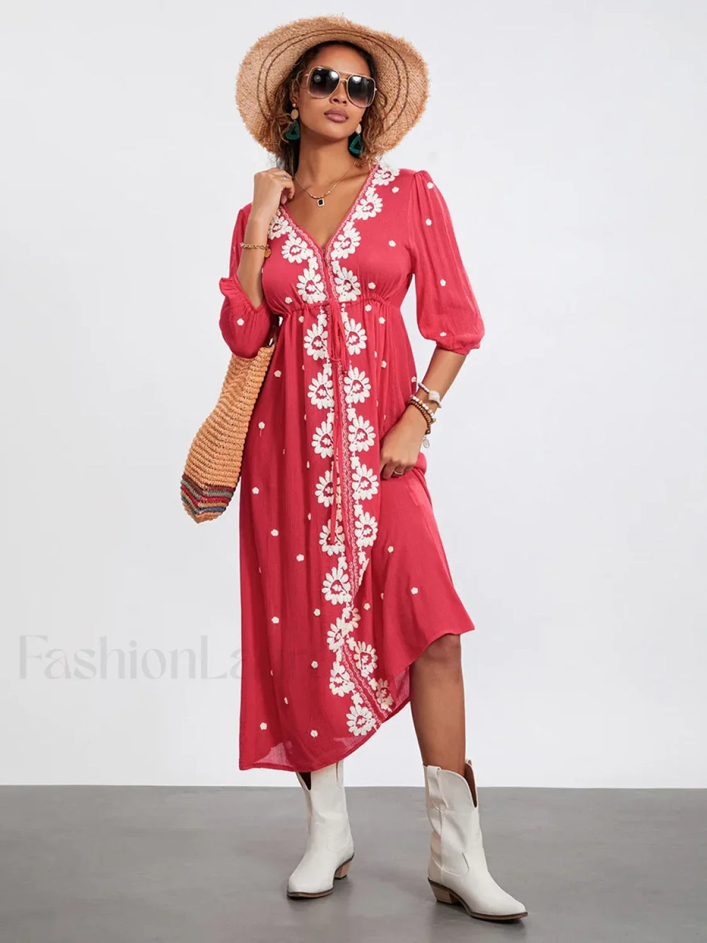 Embroidered Tie Waist Boho Dress Rose Red / S