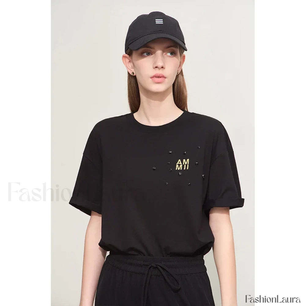 Embroidery Drop Shoulder T Shirt Black / S