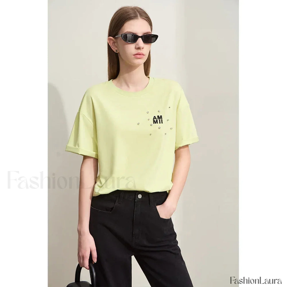 Embroidery Drop Shoulder T Shirt Green / S
