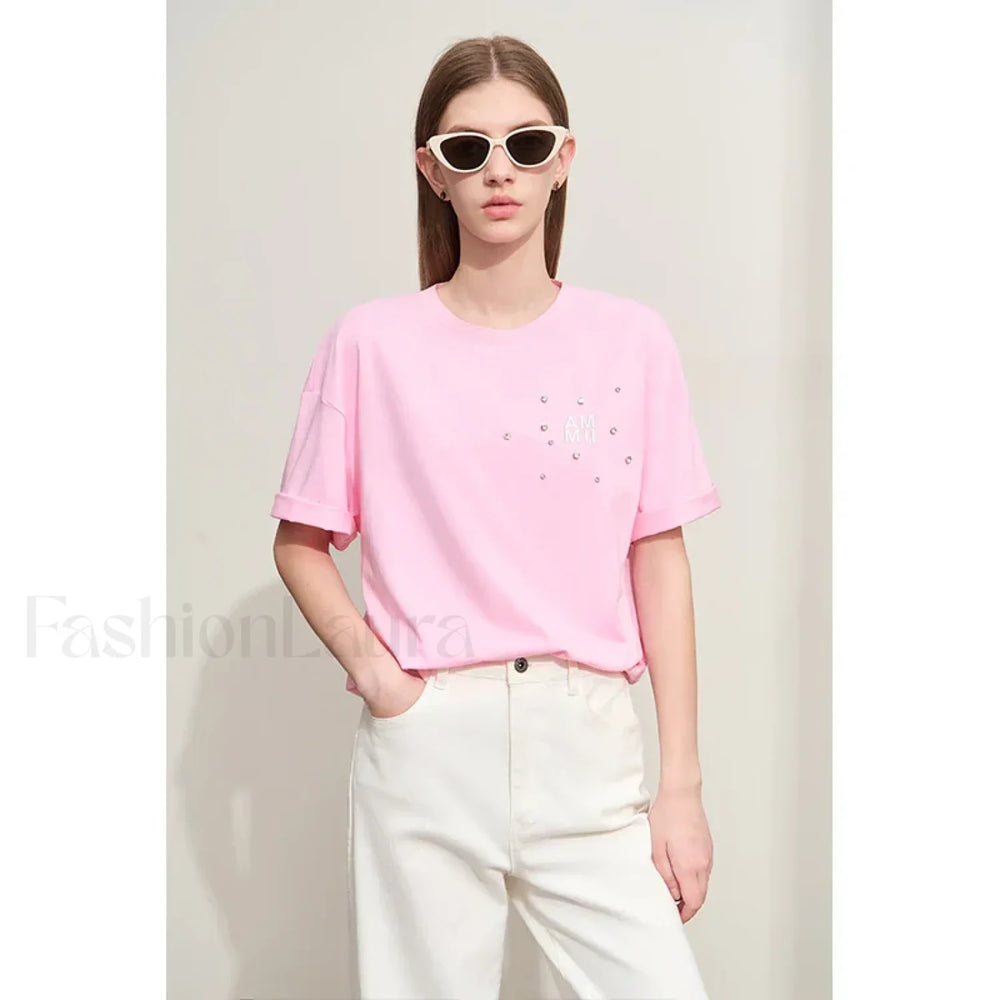 Embroidery Drop Shoulder T Shirt Pink / S
