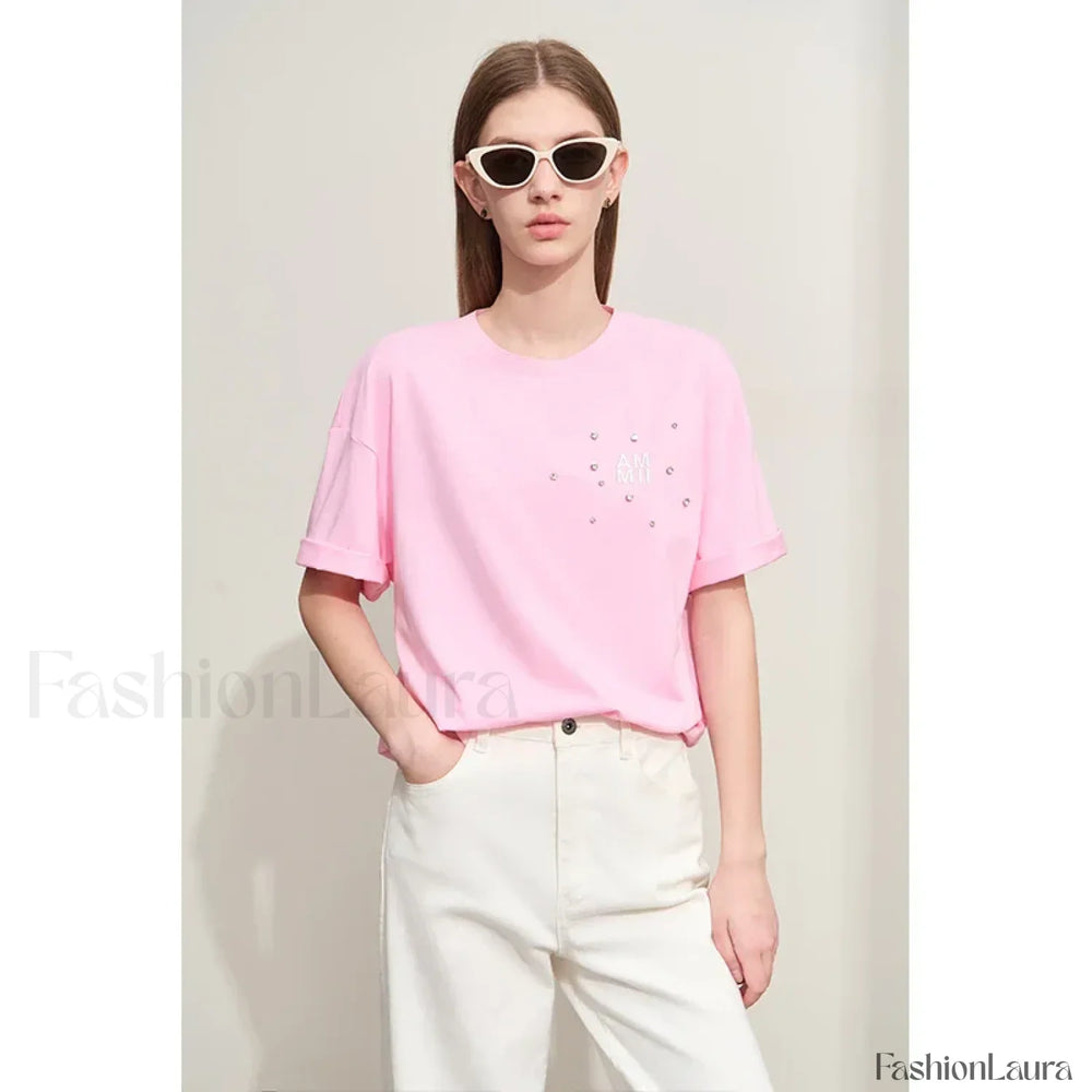 Embroidery Drop Shoulder T Shirt Pink / S