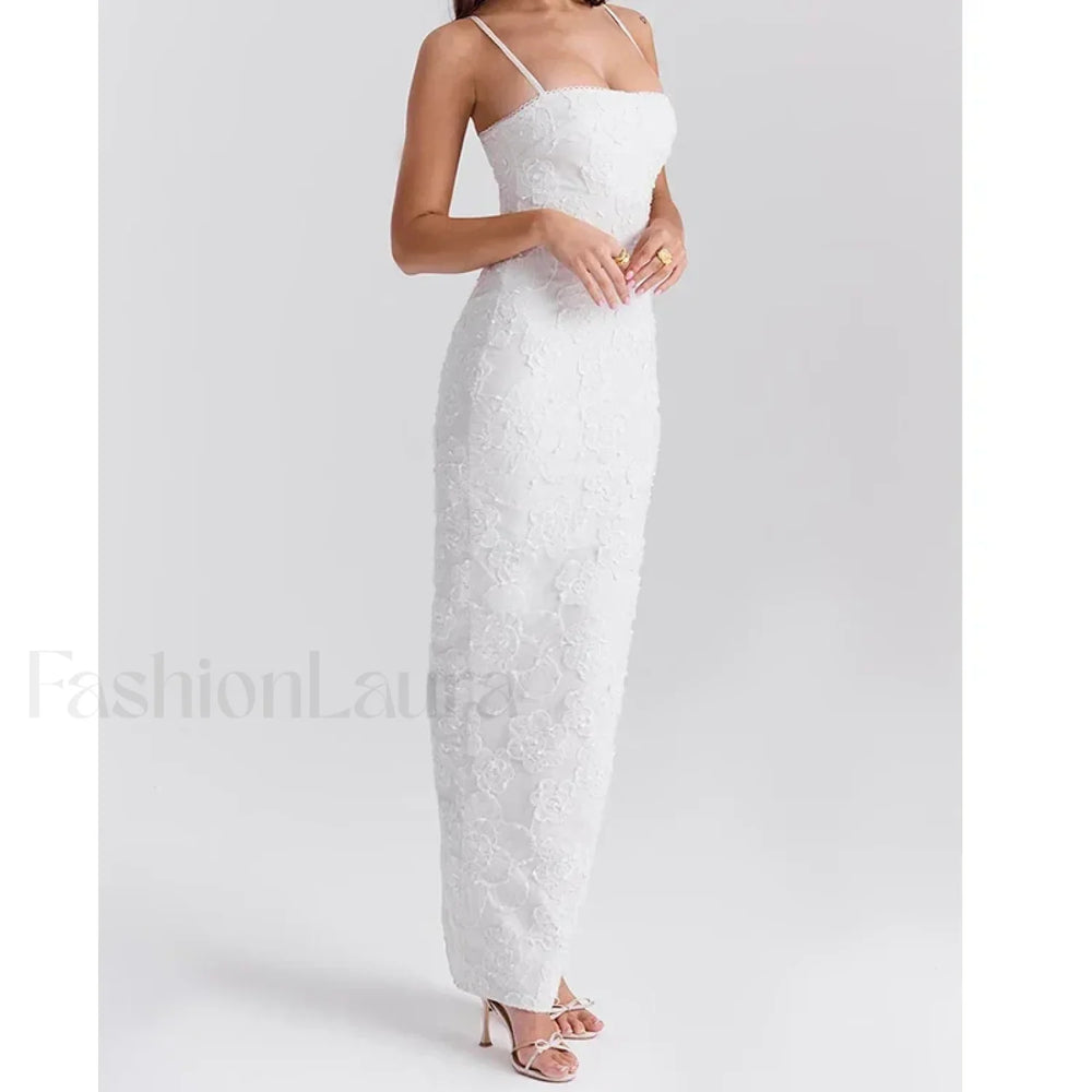 Embroidery Sling Bodycon Maxi Dress WHITE / S