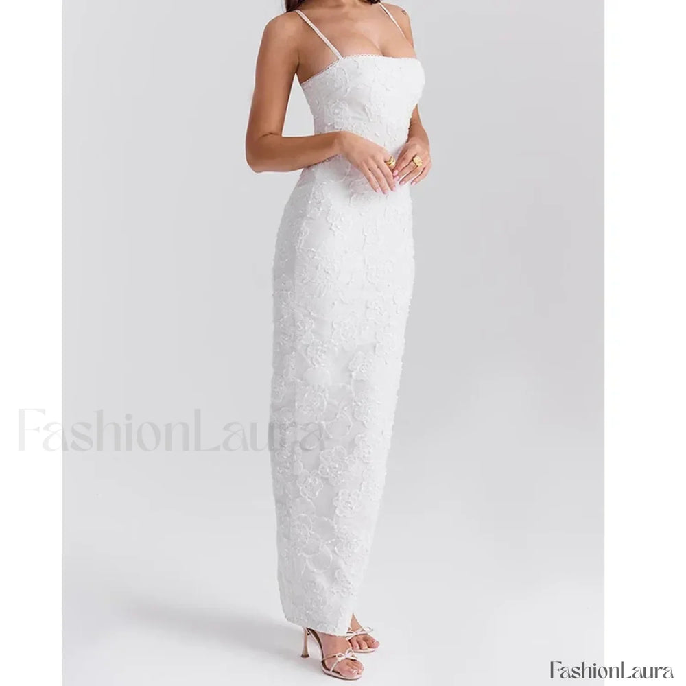 Embroidery Sling Bodycon Maxi Dress WHITE / S
