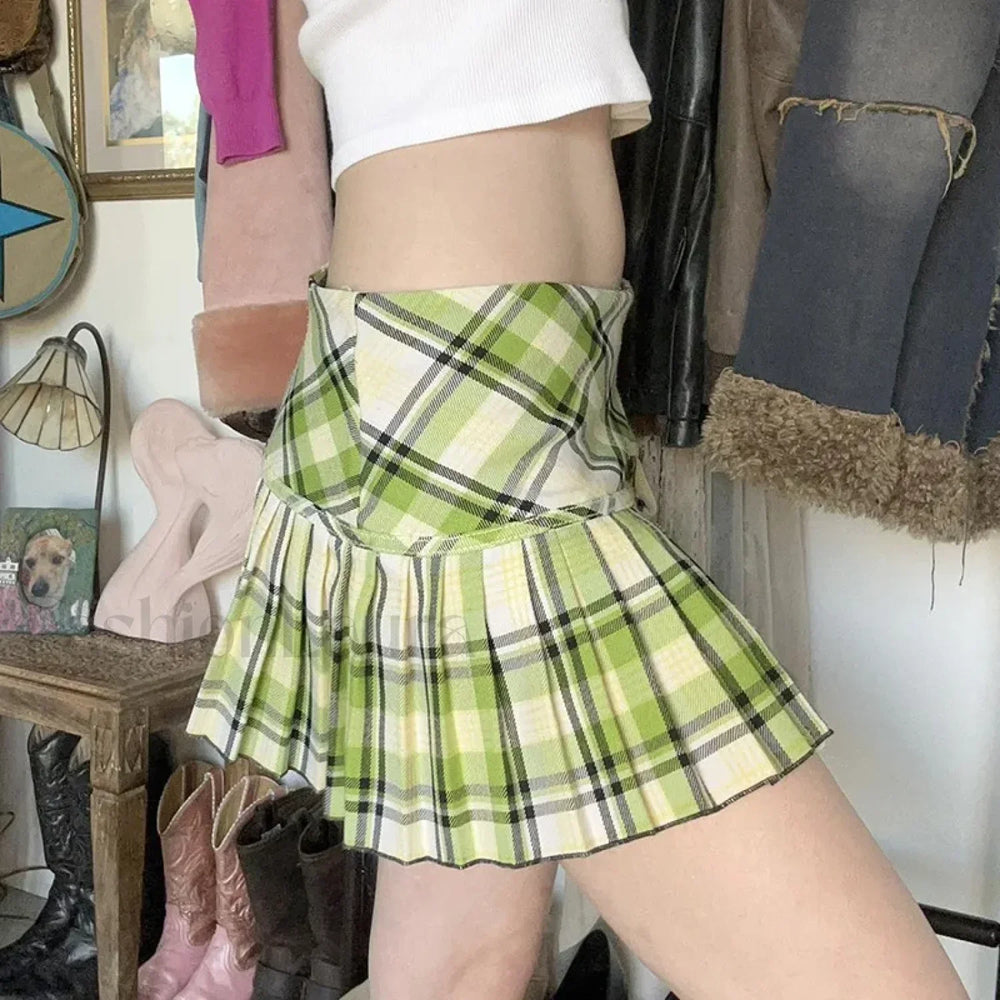 Emerald Plaid Button Harajuku Skirt Green / S