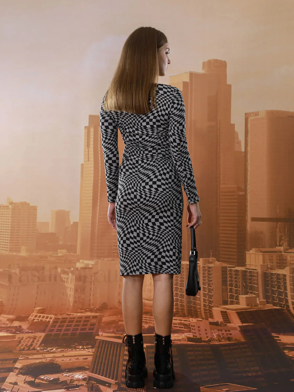 EMMIOL Cutout Long Sleeve Checkered Midi Dress Midi Dresses