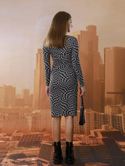 EMMIOL Cutout Long Sleeve Checkered Midi Dress Midi Dresses