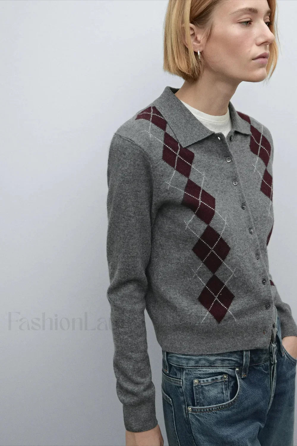English College Style Polo Neck Knit Cardigan