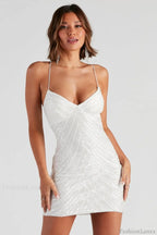 Erica Sequin Stylish V Neck Mini Dress XS / White