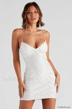 Erica Sequin Stylish V Neck Mini Dress XS / White