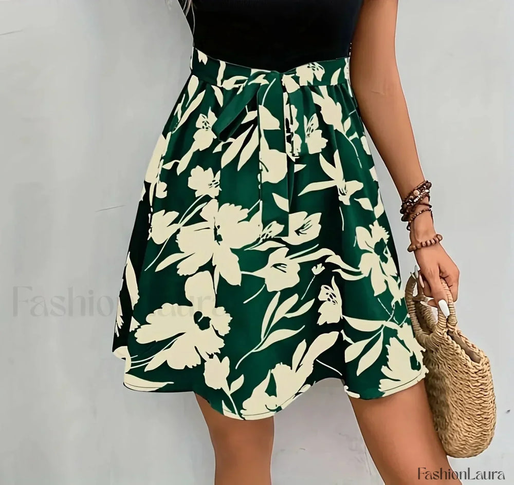 European and American Printing Thin Belt Half Skirt Green / S