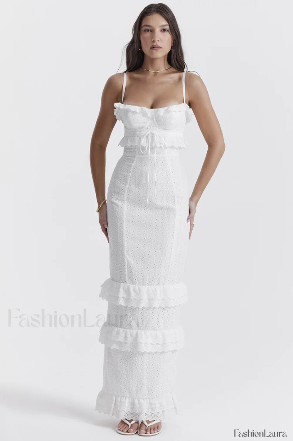 Eve White Stylish Broderie Maxi Dress