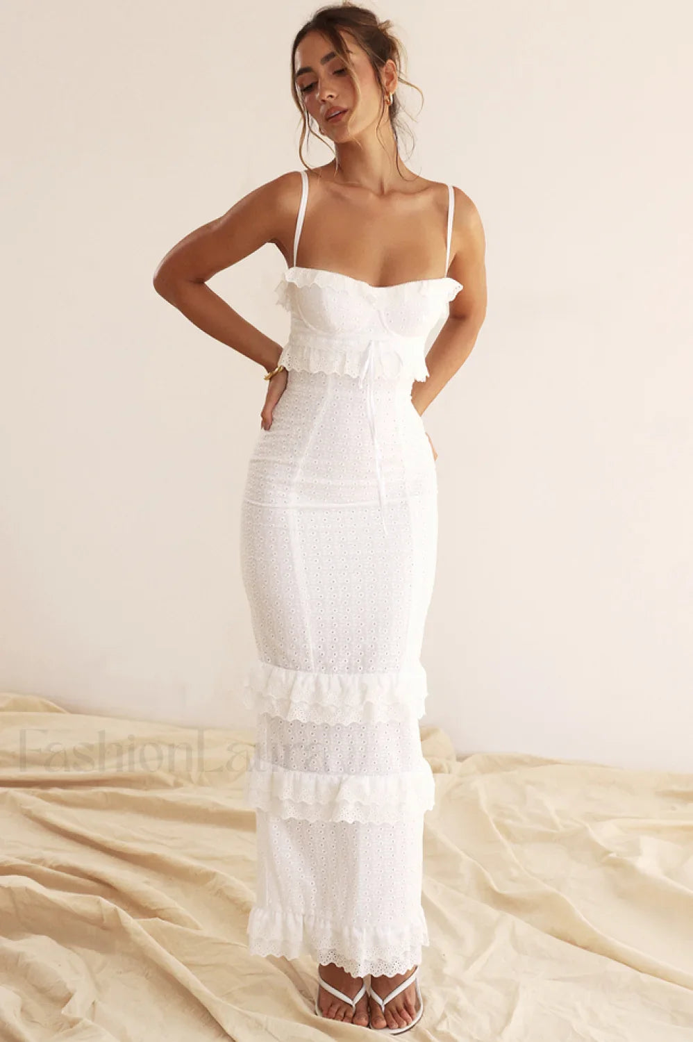 Eve White Stylish Broderie Maxi Dress