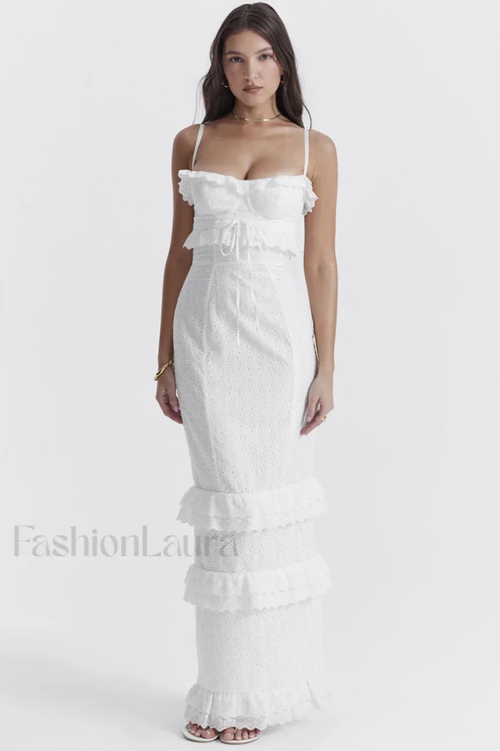 Eve White Stylish Broderie Maxi Dress XS / White