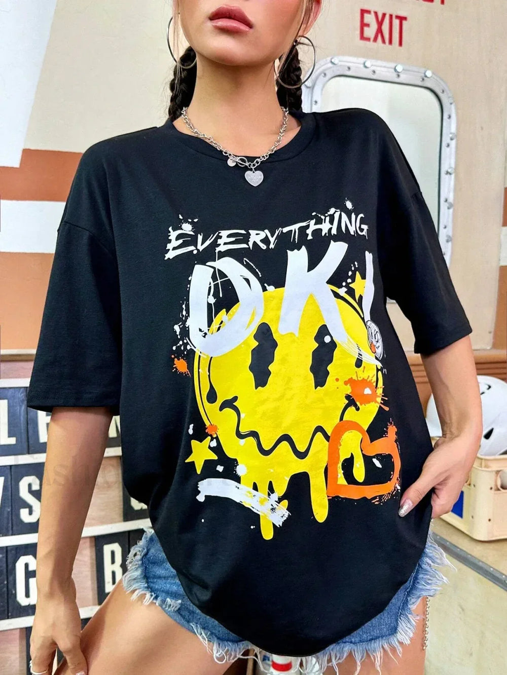 Everything Is Ok Funny Printing Casual T Shirt Black / S