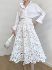 Eyelet Rosebud Graceful Pattern Maxi Skirt White / XS Skirts