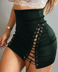 Eyelet Skinny Lace Up PU Leather Bodycon Skirt