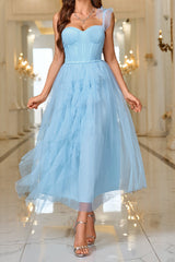 Layered Sheer Panel Sleeveless Cocktail Dress M / Blue