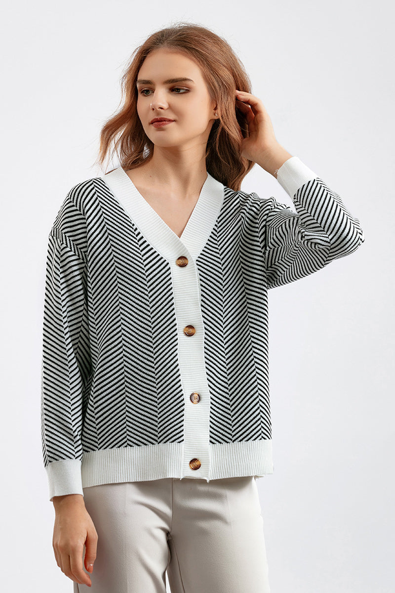 Striped V Neck Buttoned Knit Sweater