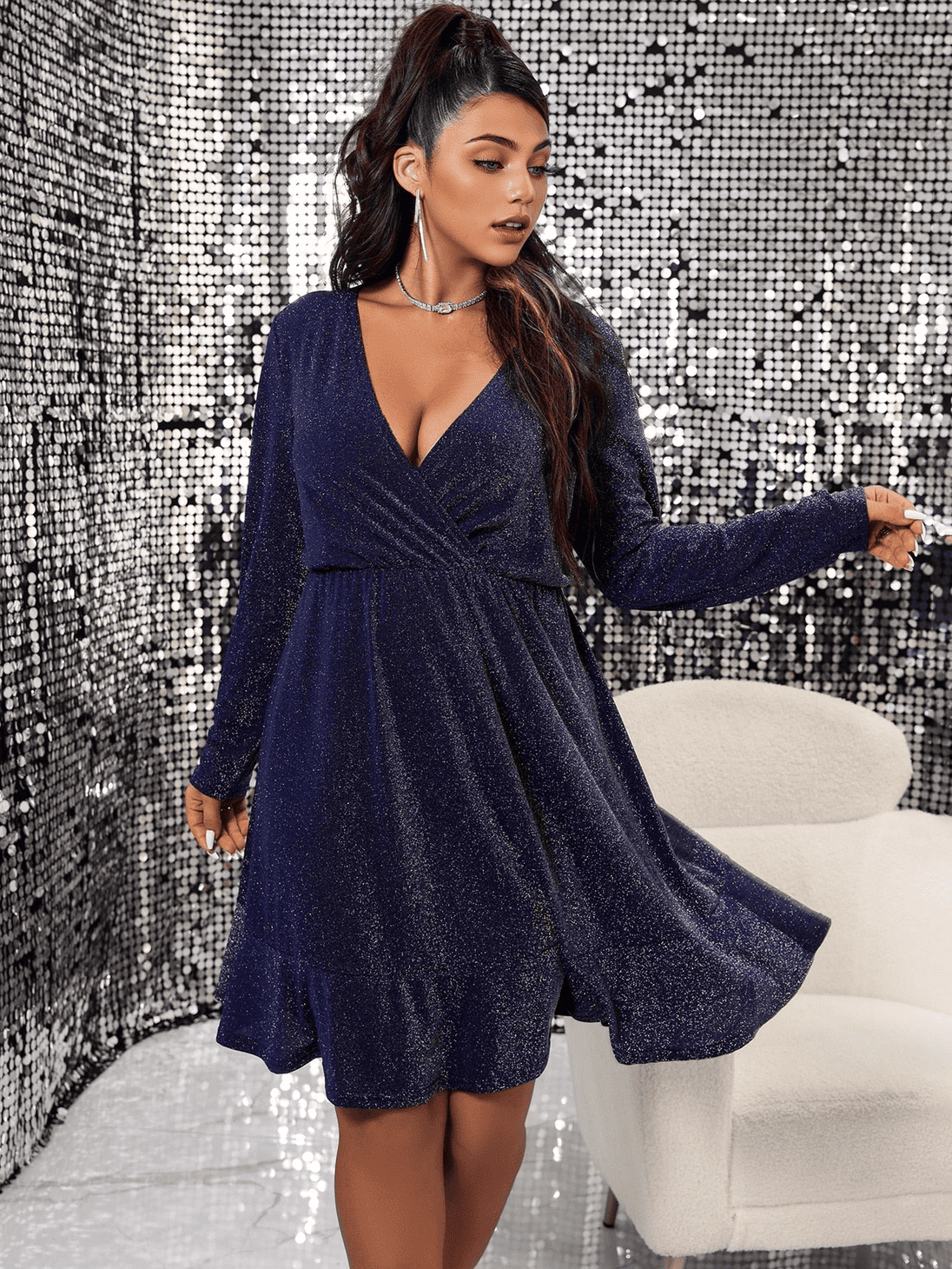JuliaFashion - Sexy Curve V-Neck Long Sleeve Evening Party Dress