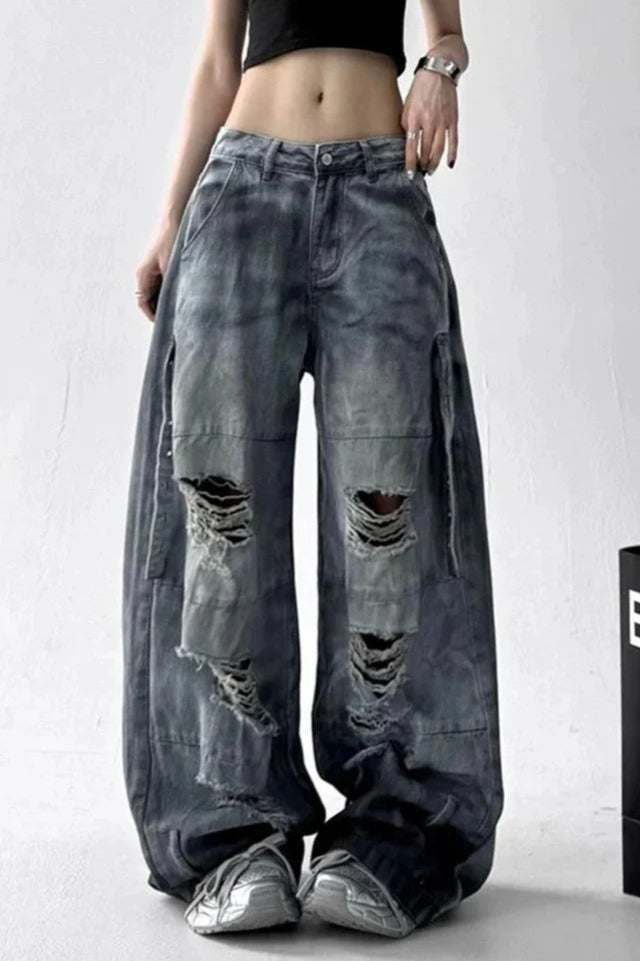 Tie Dye Ripped Wide Leg Jeans Blue / S