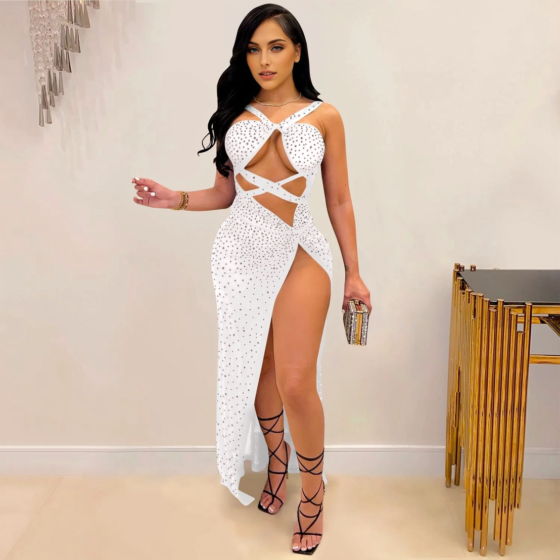 Julia Fashion - Glitter Halter Cut Out Long Dresses