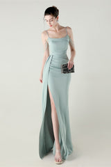 Satin Spaghetti Strap Mermaid Party Dress Light Green / S