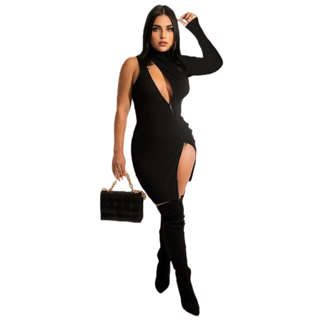 Julia Fashion - Sexy Halter Backless One Shoulder Cut Out Knitted Mini Dress