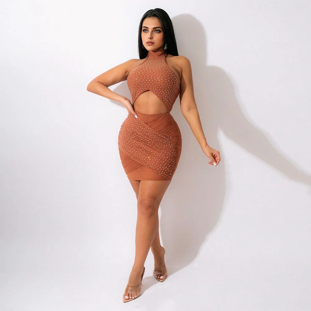 Julia Fashion - Women Halter Bandage Lace Up Glitter Mini Dress