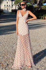 Polka Dot V-Neck Sheer Maxi Dress
