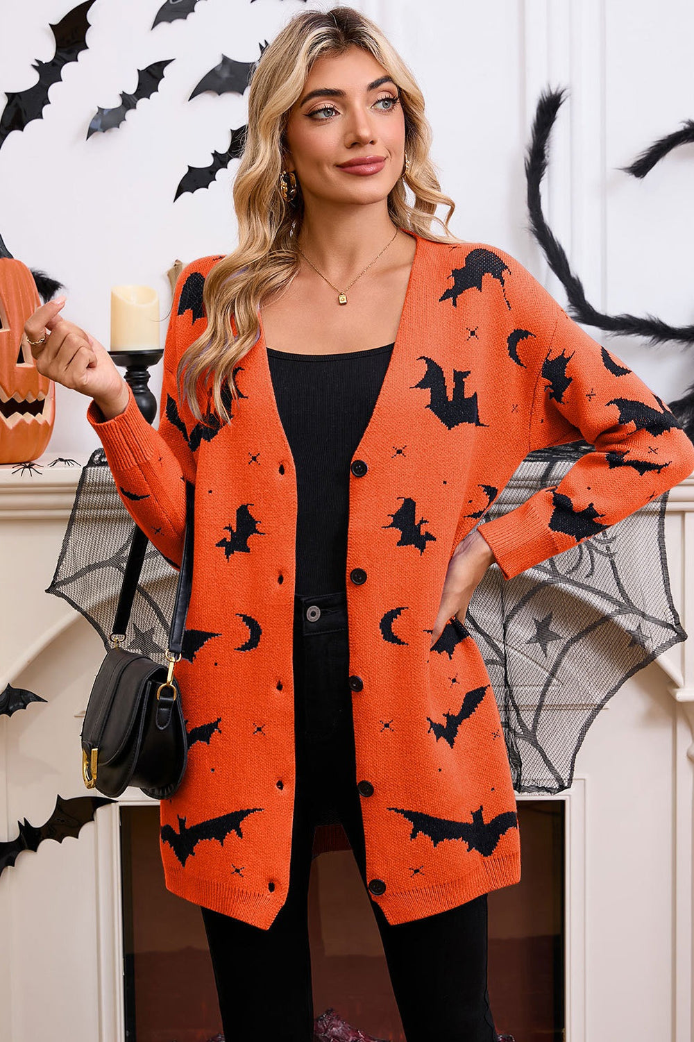 Halloween Bat Jacquard Knit Sweater Orange / S