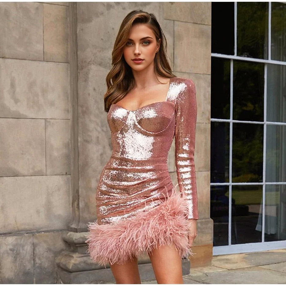 JuliaFashion - 2024 Sexy Sequined Feather Square Collar Bodycon Dress