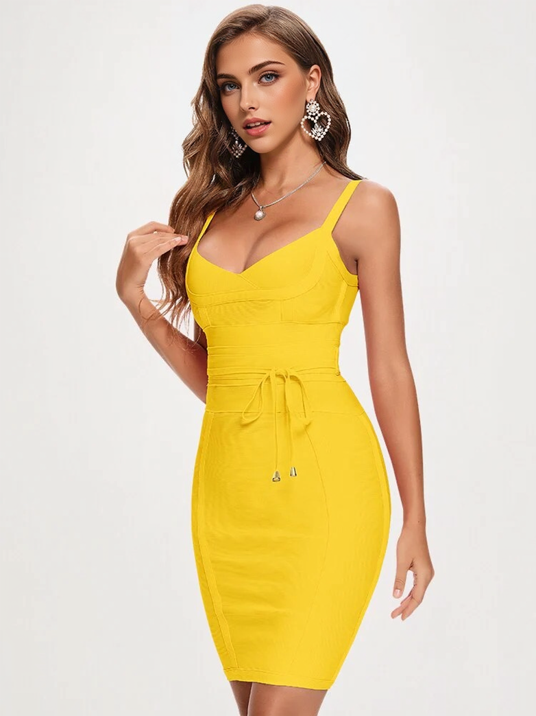 JuliaFashion - Spaghetti Strap Belt Sashes V-Neck Bodycon Dresses