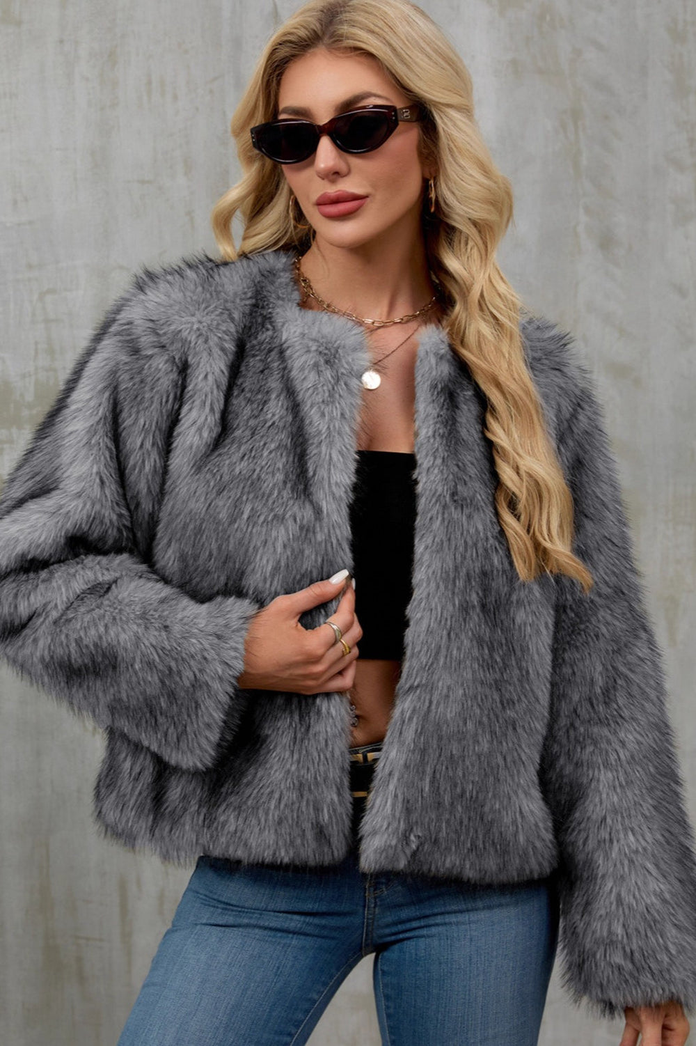 Plush Short Fur Open Cardigan Coat Grey / S coats