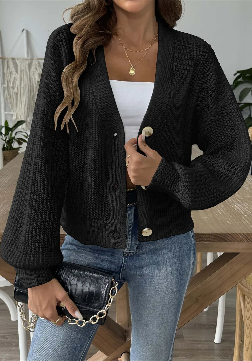 Short Knit Long Sleeve Cardigans Black / S