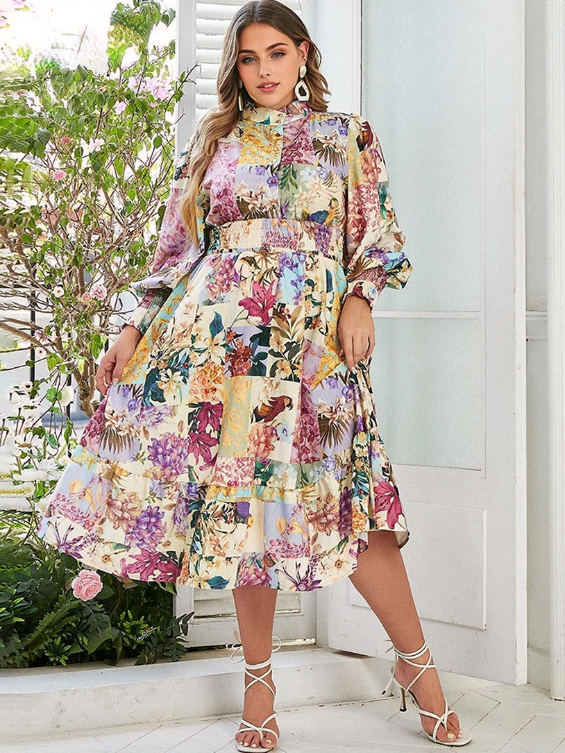 JuliaFashion-Floral Print Chubby Arrival Casual Midi Dresses